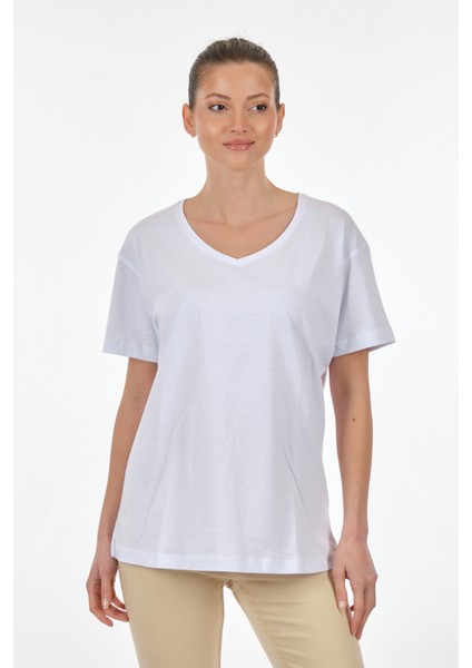 V Yaka Beyaz Kadın T-Shirt 23112001005