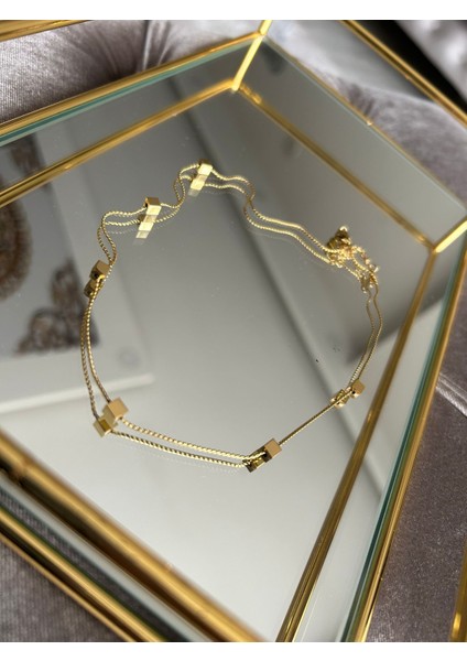 Kare Detaylı Vıp Çelik Gold kolye