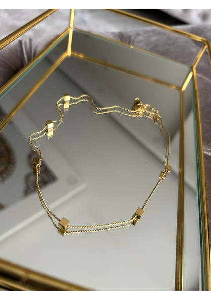 Kare Detaylı Vıp Çelik Gold kolye