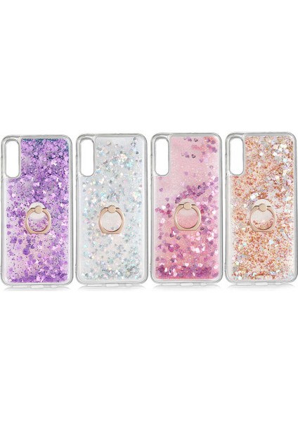 Samsung Galaxy A50 Kılıf Sıvılı Akışkanlı Renkli Desenli Simli Yüzüklü Silikon Kapak (Milce) modelleri