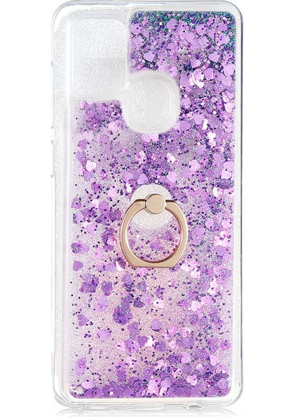 Samsung Galaxy A21S Kılıf Sıvılı Akışkanlı Renkli Desenli Simli Yüzüklü Silikon Kapak (Milce)