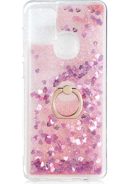 Samsung Galaxy A21S Kılıf Sıvılı Akışkanlı Renkli Desenli Simli Yüzüklü Silikon Kapak (Milce)