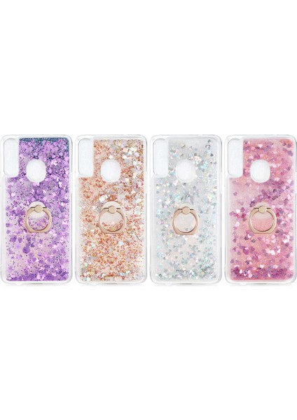 Samsung Galaxy A20S Kılıf Sıvılı Akışkanlı Renkli Desenli Simli Yüzüklü Silikon Kapak (Milce) modelleri
