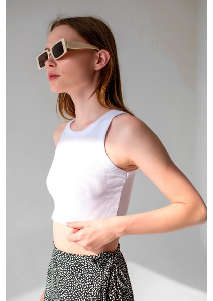 Beyaz Fitilli Süper Crop Halter Yaka Örme Atlet