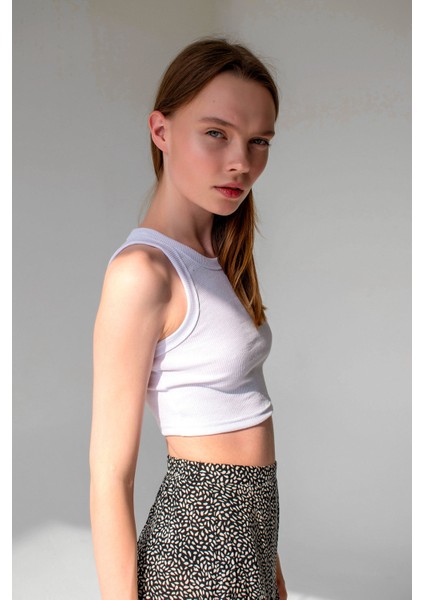 Beyaz Fitilli Süper Crop Halter Yaka Örme Atlet