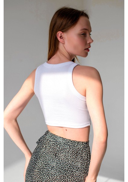 Beyaz Fitilli Süper Crop Halter Yaka Örme Atlet