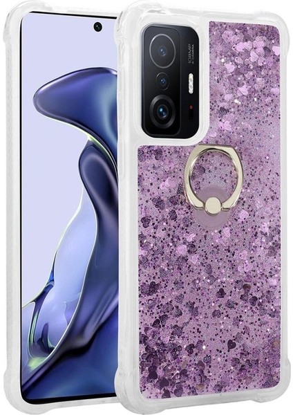Xiaomi Mi 11T 5g Kılıf Sıvılı Simli Pullu Yüzüklü Standlı Lüx Silikon