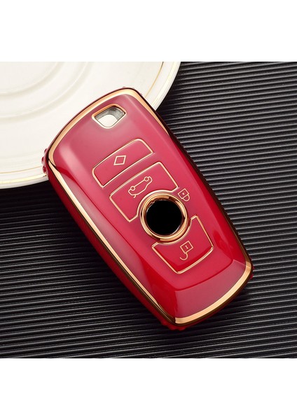 Bmw Anahtarlık Kırmızı Renk Gold Detaylı Anahtar Kılıfı Tpu Şık Tasarım F Serisi Uyumlu Car Keychain