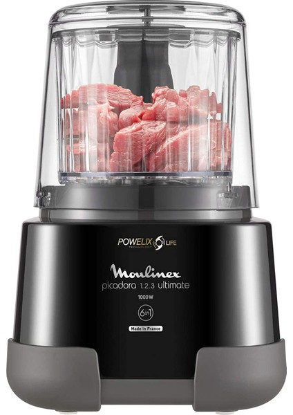 Meat Grinder 1.2.3 Ultimate ‎DP8158 Elektrikli Sebze Doğrayıcı ve Beher Blenderi 1000 W, 2 Powelix Teknesi, 330 G/ 550 ml Kapasiteli, Titanyum Kaplama, Siyah