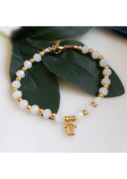 Altın Kaplama & Beyaz Kristal Taş Kaplumbağa Figürlü Kadın Halhal