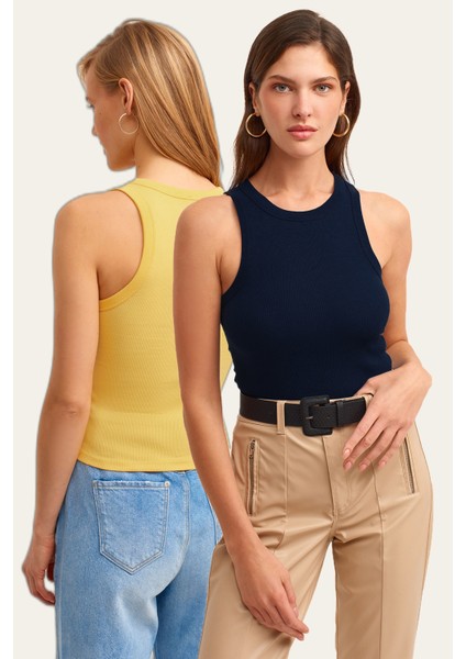 2'li Paket Fitilli Halter Yaka Örme Atlet