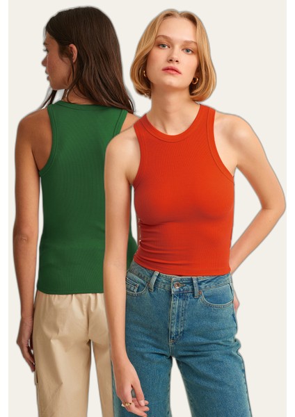 2'li Paket Fitilli Halter Yaka Örme Atlet