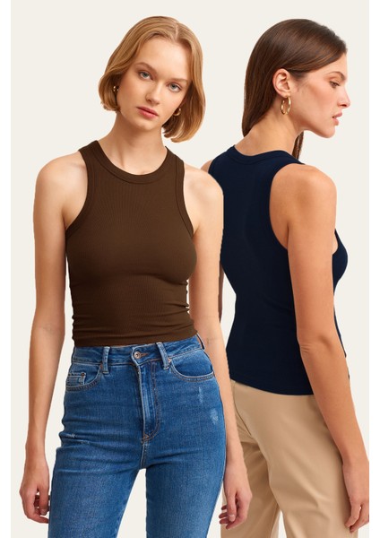 2'li Paket Fitilli Halter Yaka Örme Atlet