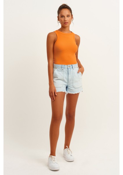 Kadın Hardal Fitilli T-Shirt Halter Yaka Örme Atlet fiyatları