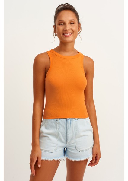 Kadın Hardal Fitilli T-Shirt Halter Yaka Örme Atlet modelleri