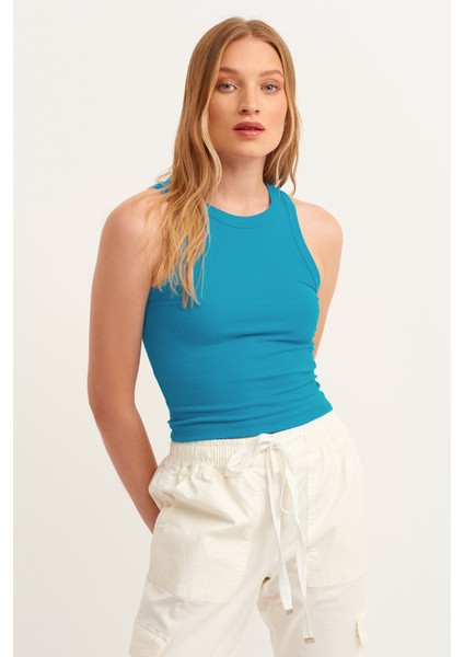 Kadın Mavi Fitilli T-Shirt Halter Yaka Örme Atlet