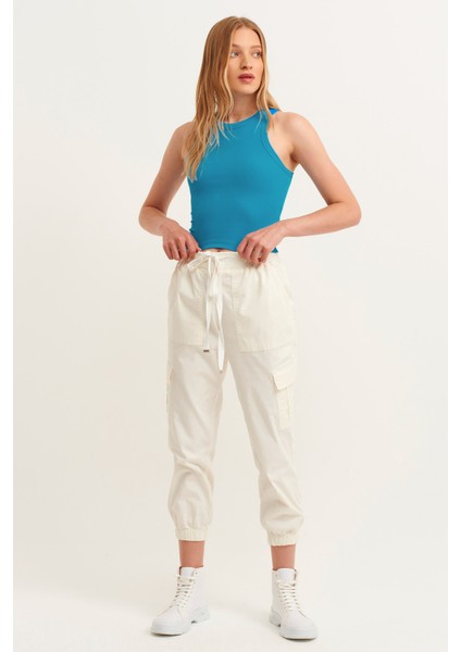 Kadın Mavi Fitilli T-Shirt Halter Yaka Örme Atlet