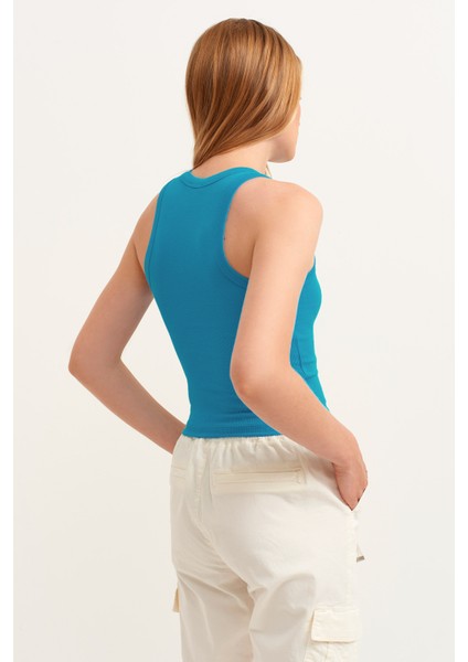 Kadın Mavi Fitilli T-Shirt Halter Yaka Örme Atlet