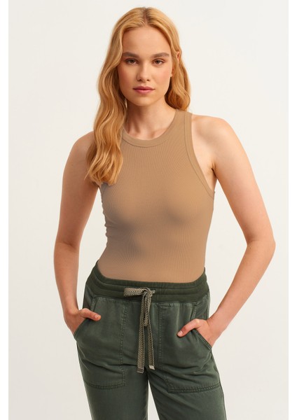 Kadın Vizon Fitilli T-Shirt Halter Yaka Örme Atlet