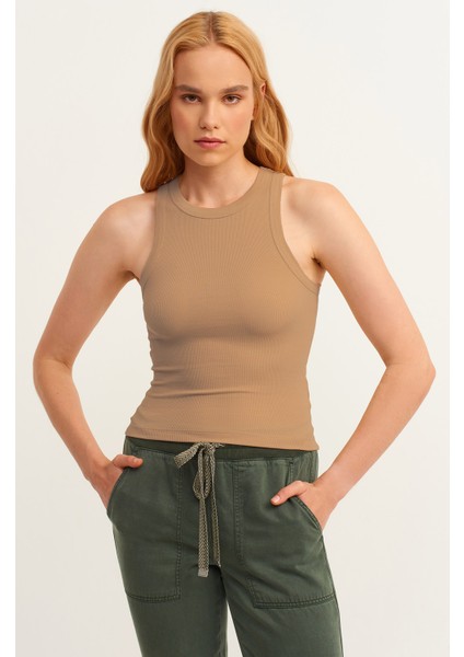 Kadın Vizon Fitilli T-Shirt Halter Yaka Örme Atlet