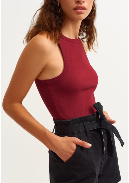 Kadın Bordo Fitilli T-Shirt Halter Yaka Örme Atlet