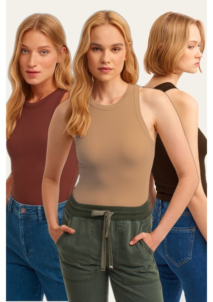 3'lü Paket Fitilli Halter Yaka Örme Atlet