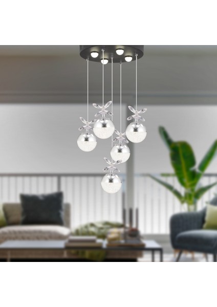 Lokken 5'li Yuvarlak Krom Kristal Ledli Modern Oturma Odası Salon Sarkıt Avize