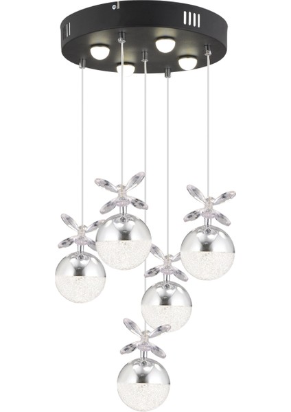 Lokken 5'li Yuvarlak Krom Kristal Ledli Modern Oturma Odası Salon Sarkıt Avize