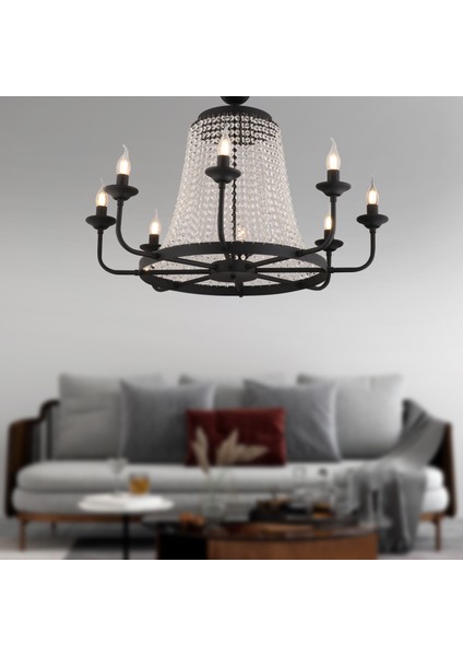Carnation 8'li Siyah Kristalli Taşlı Modern Tasarım Kristal Salon Avize