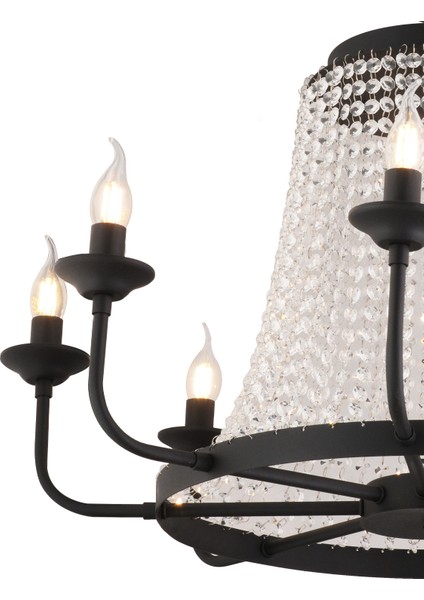 Carnation 8'li Siyah Kristalli Taşlı Modern Tasarım Kristal Salon Avize