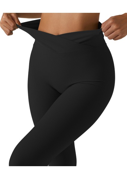 Siyah Renk Crossover Ince Fitilli Inceltici Yüksek Bel Toparlayıcı Tayt