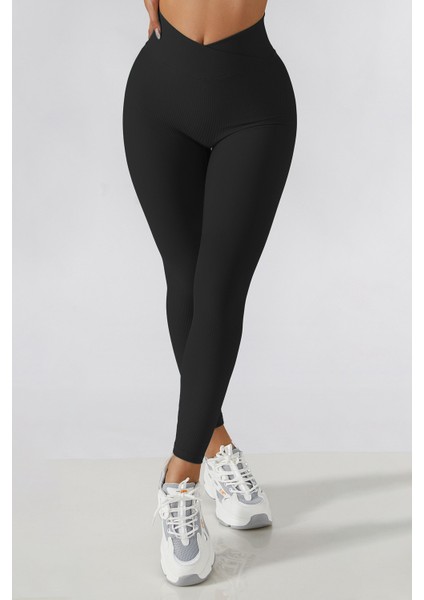 Siyah Renk Crossover Ince Fitilli Inceltici Yüksek Bel Toparlayıcı Tayt fiyatları