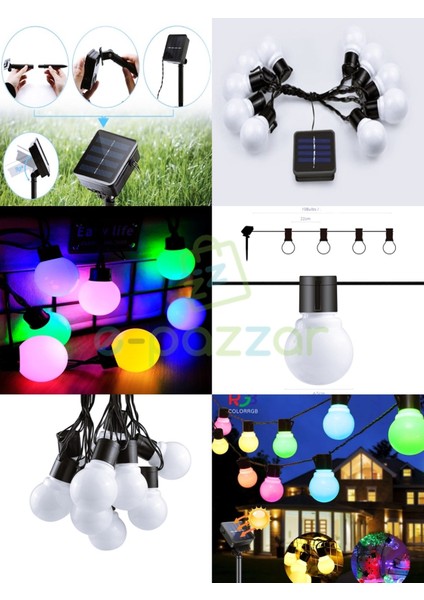 10'lu Büyük Top Ampul 8 Fonksiyonlu Festival Kamp Bahçe Solar Panelli LED Işık Dizeleri Multicolor