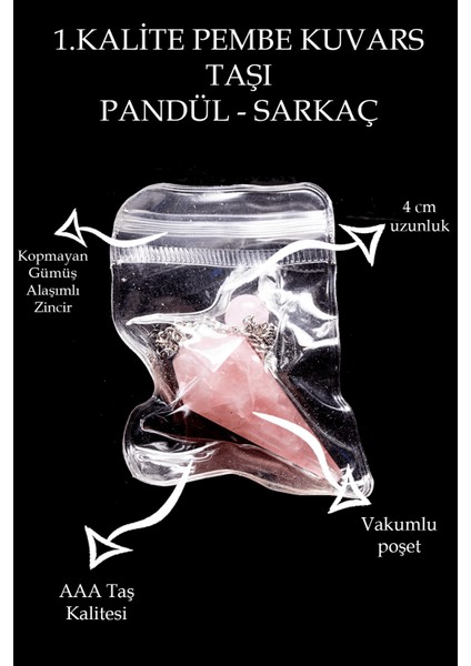 Tesbih Atölyesi Aaa+ Kalite Pembe Kuvars Taşı Pandül - Sarkaç 4 cm