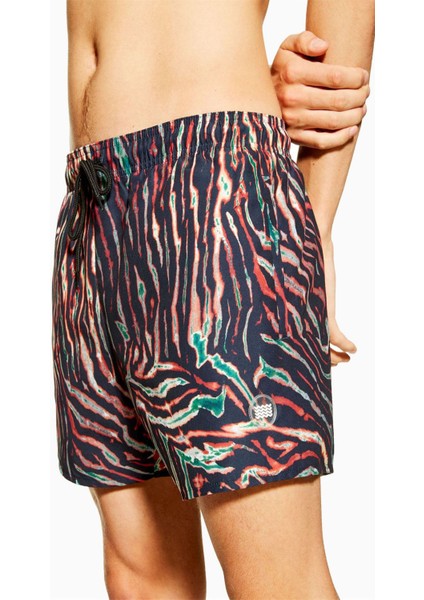 Siyah Desenli Fileli Cepli Bağcıklı Deniz Şortu