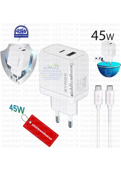 Gan Serisi Pd 45W Type-C ve Usb-A Çıkışlı Super Hızılı Şarj Aleti, 1 Metre Type-C Kablo & 1xadaptör