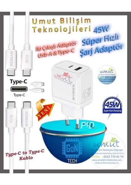 Gan Serisi Pd 45W Type-C ve Usb-A Çıkışlı Super Hızılı Şarj Aleti, 1 Metre Type-C Kablo & 1xadaptör