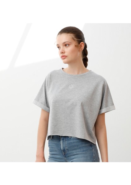 Oversize Crop Kadın T-Shirt Açık Gri Melanj