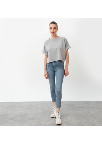 Oversize Crop Kadın T-Shirt Açık Gri Melanj