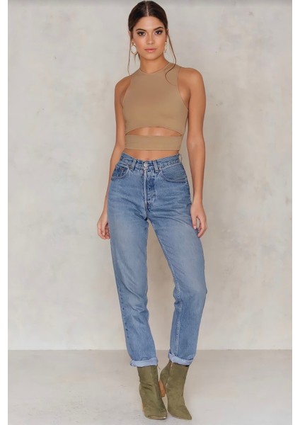 Kadın Bej Göbek Detay Crop Top