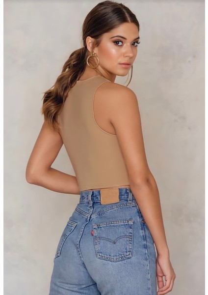 Kadın Bej Göbek Detay Crop Top