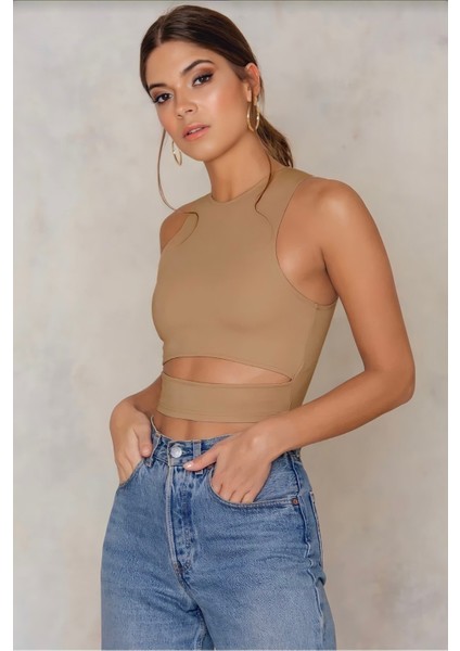 Kadın Bej Göbek Detay Crop Top