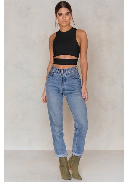 Quella Atelier Kadın Siyah Göbek Detay Crop Top