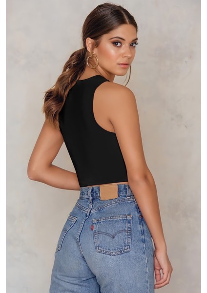 Quella Atelier Kadın Siyah Göbek Detay Crop Top