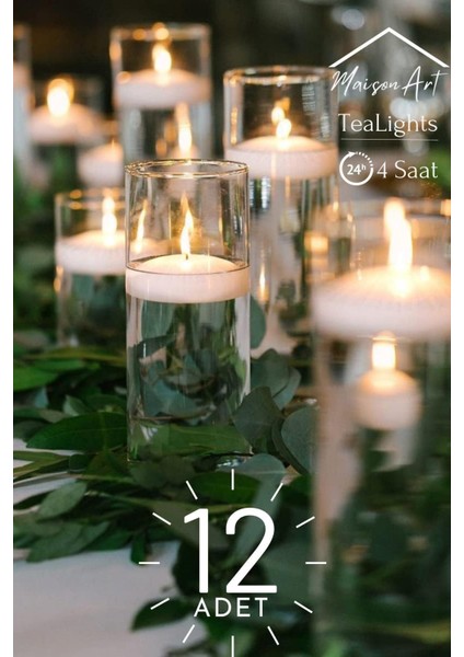 Float | 12 Adet Yüzen Mum | 4 Saat Yanan Tea Light Mum | Kokusuz Terapi Mumu