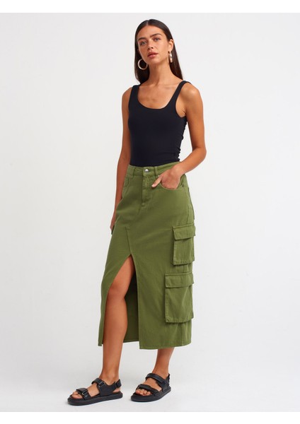 80858 Kargo Cepli Midi Etek-Haki