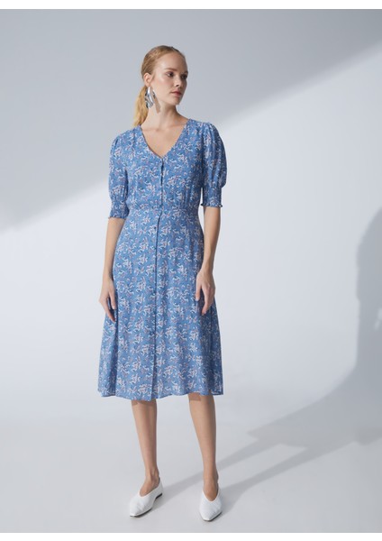 V Yaka Çiçek Desenli Mavi Diz Altı Kadın Elbise Gana1 fiyatları