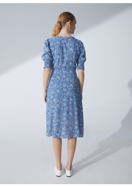 V Yaka Çiçek Desenli Mavi Diz Altı Kadın Elbise Gana1 fırsatları
