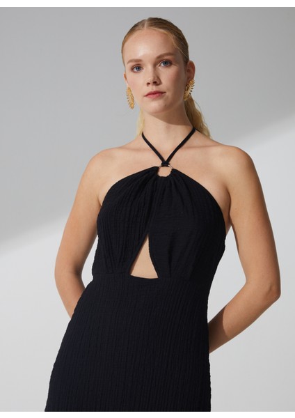 Bisiklet Yaka Armürlü Siyah Midi Kadın Elbise ARIEL fiyatları