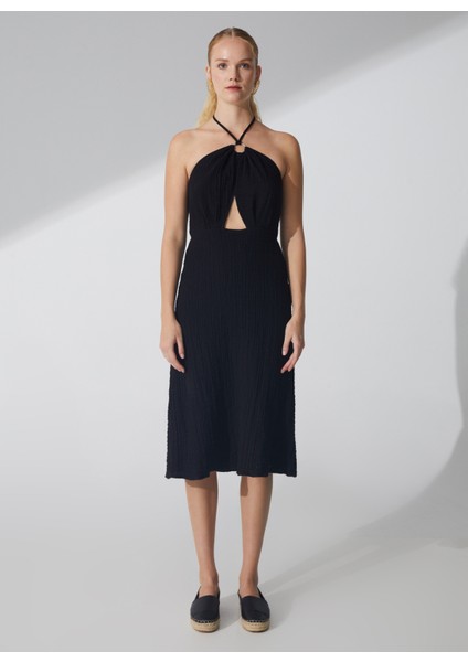 Bisiklet Yaka Armürlü Siyah Midi Kadın Elbise ARIEL modelleri